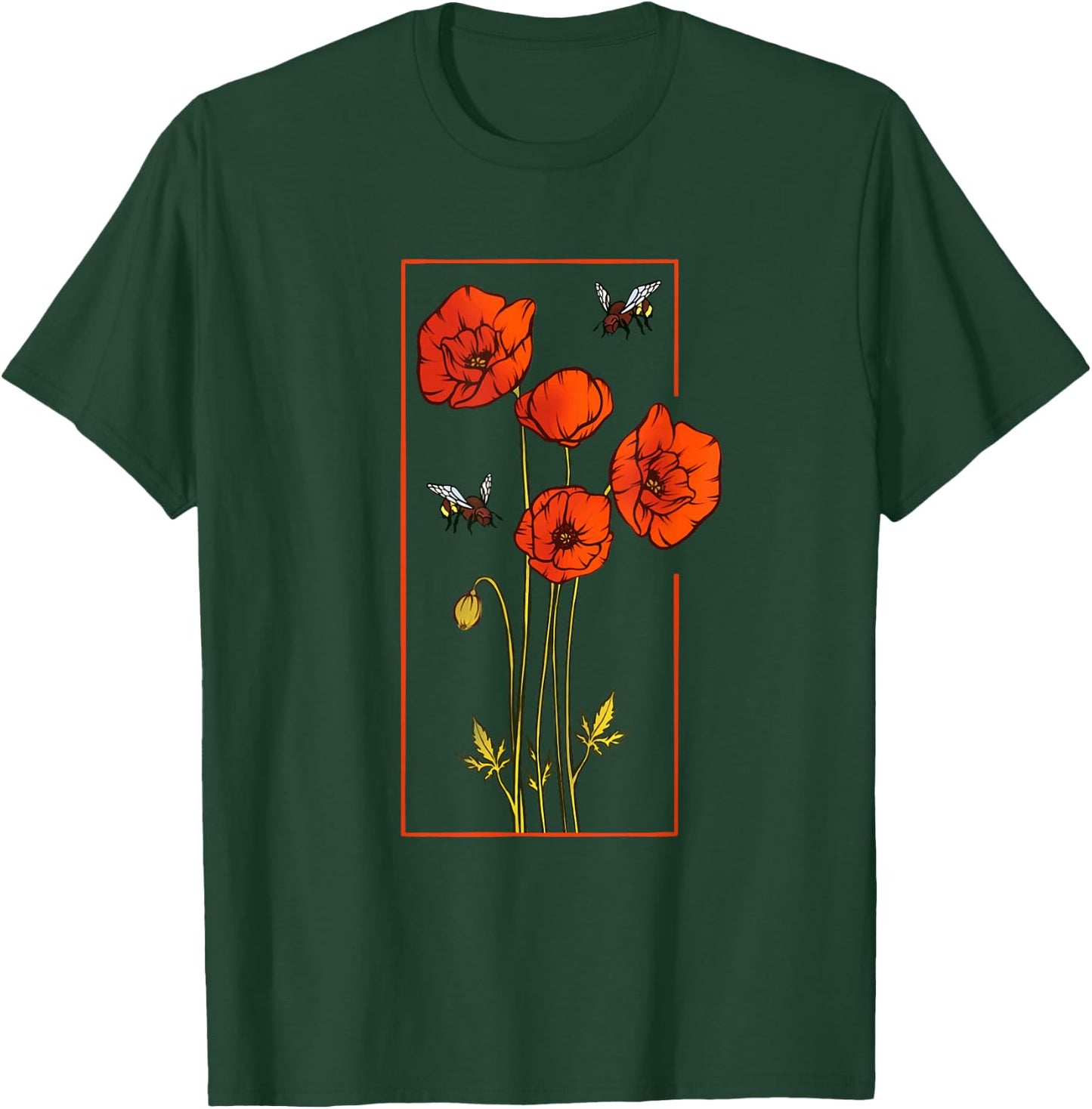 Floral Poppy Poppies Flower with Bees Wildflower T-Shirt - T-Shirt | Forest