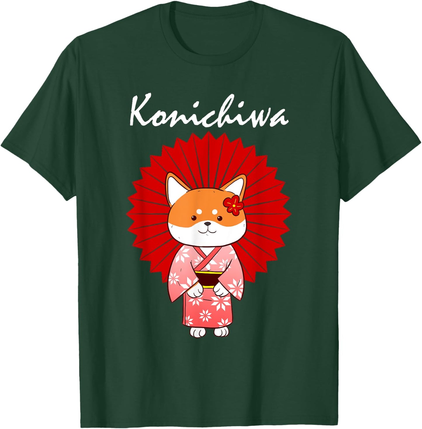 Funny Shiba Inu Uni Dog Konichiwa Kimono Flower Dress Women Girls Kids T-Shirt - T-Shirt | Forest