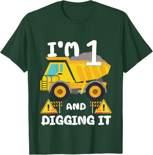 Kids 1st Birthday Construction Birthday Boy 1 Dump Truck BDay T-Shirt - T-Shirt | Forest