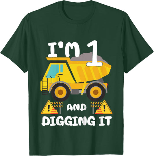 Kids 1st Birthday Construction Birthday Boy 1 Dump Truck BDay T-Shirt - T-Shirt | Forest