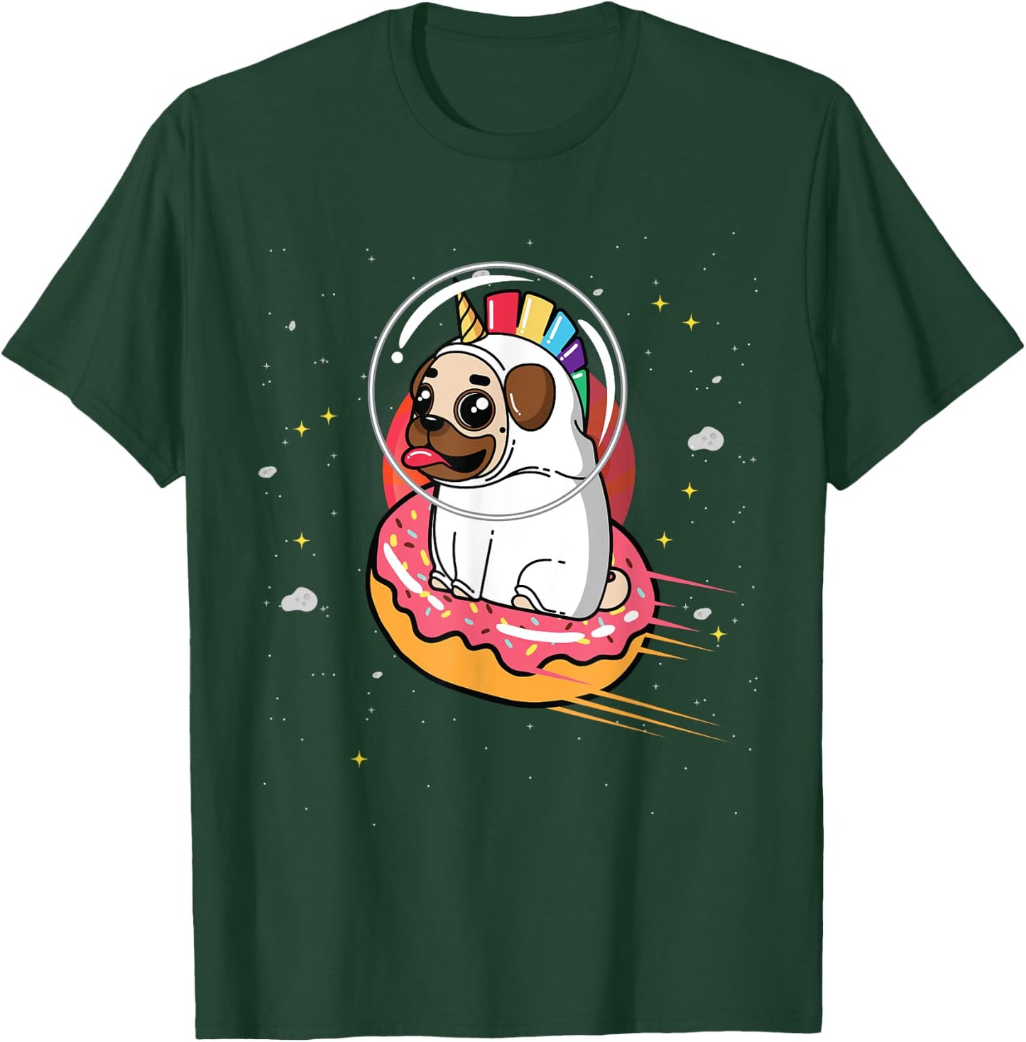 Pug in Rainbow Unicorn Costume riding Donut in Space T-Shirt - T-Shirt | Forest