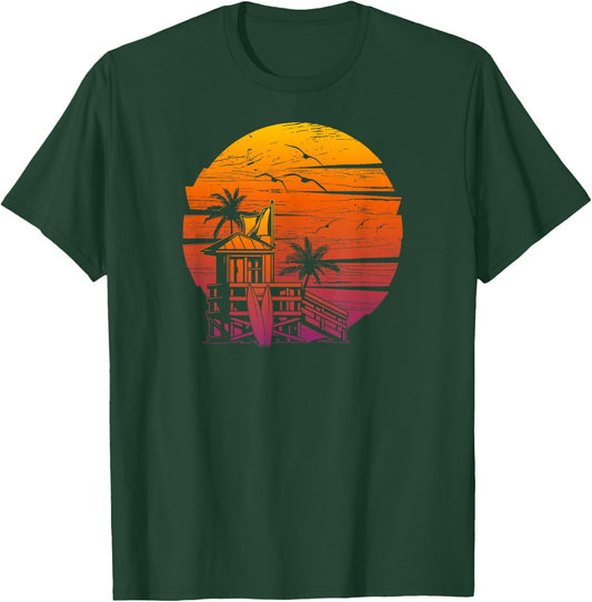 Vintage Beach Lifeguard Tower Distressed Sunset T-Shirt - T-Shirt | Forest