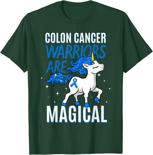 Colon Cancer Warrior Magical Unicorn Blue Ribbon Colorectal T-Shirt - T-Shirt | Forest