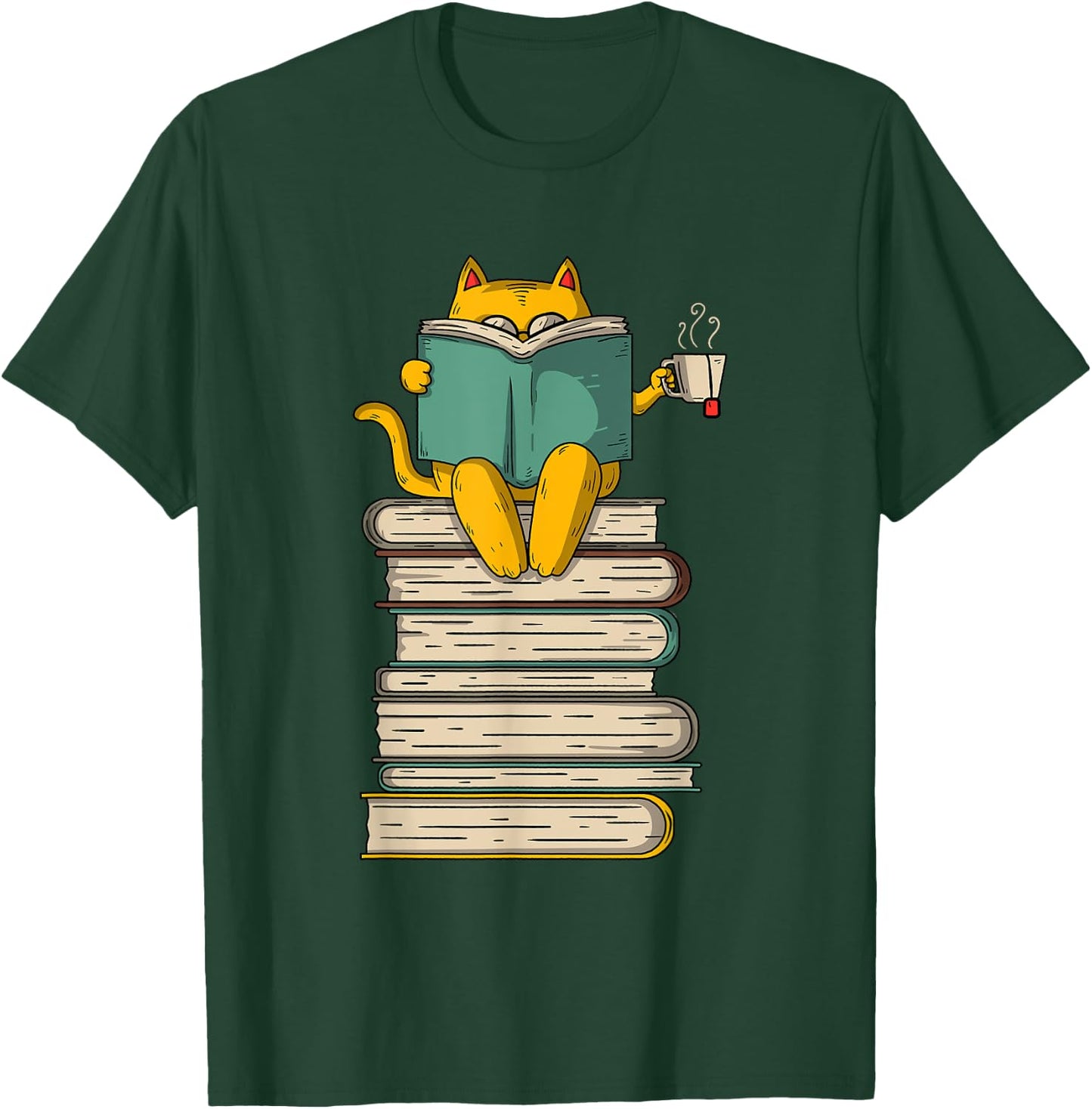 Reading Cat - Funny Book & Tea Lover Gift Short Sleeve T-Shirt - T-Shirt | Forest