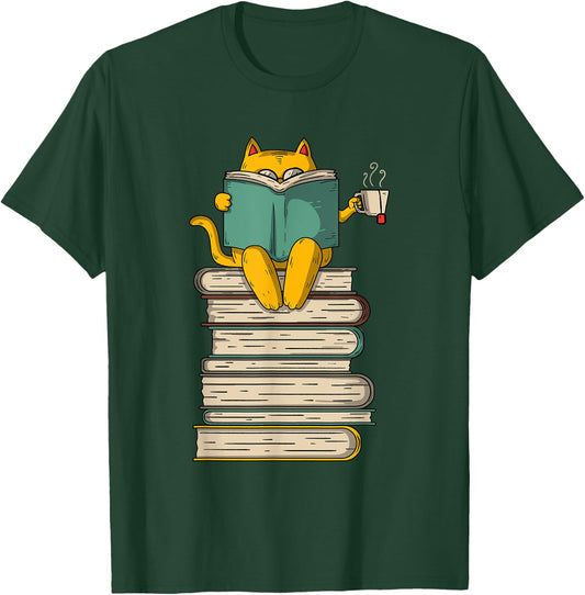 Reading Cat - Funny Book & Tea Lover Gift Short Sleeve T-Shirt - T-Shirt | Forest