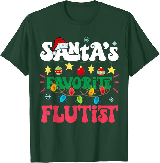 Santa's Favorite Flutist Santa Hat Flute Light Christmas T-Shirt - T-Shirt | Forest
