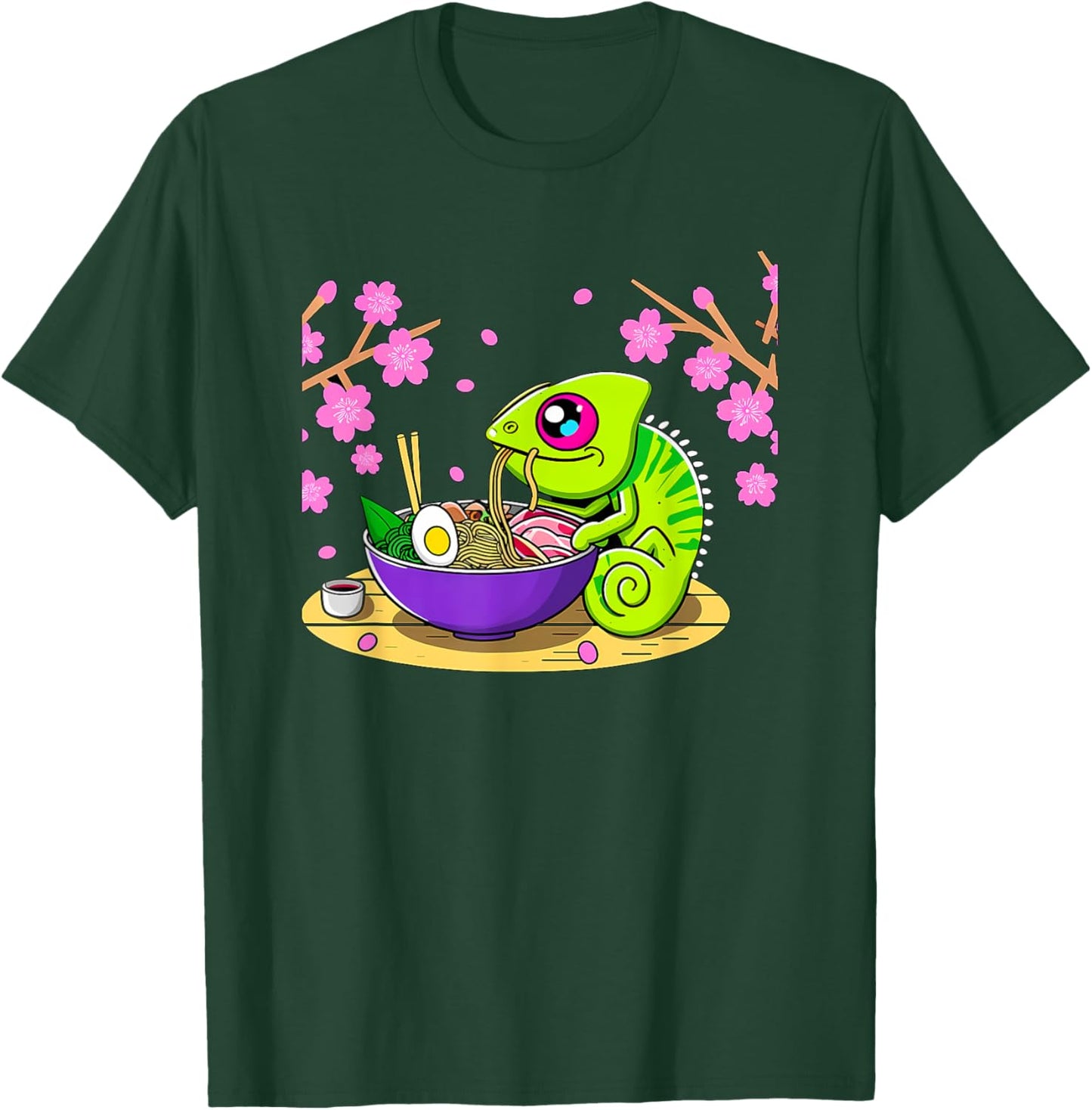 Kawaii Chameleon Eating Ramen T-Shirt - T-Shirt | Forest