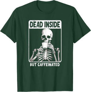 HALLOWEEN SKELTON COFFEE LOVERS DESIGN Dead Inside But Caffeinated -Adults Black Small Modern Classic Sports T-Shirt - T-Shirt | Forest