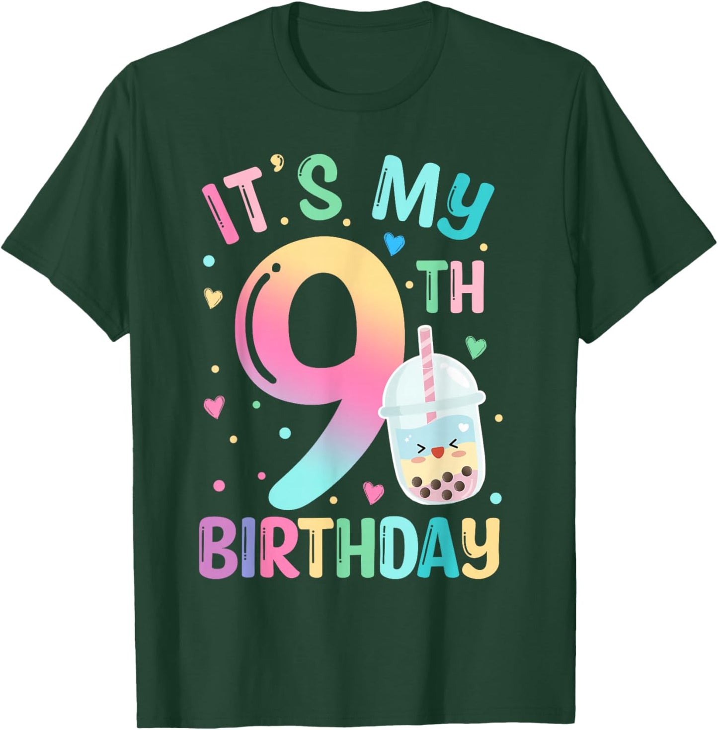 It's My 9th Birthday Bubble Boba Tea Party 9 Year Old Girl T-Shirt - T-Shirt | Forest