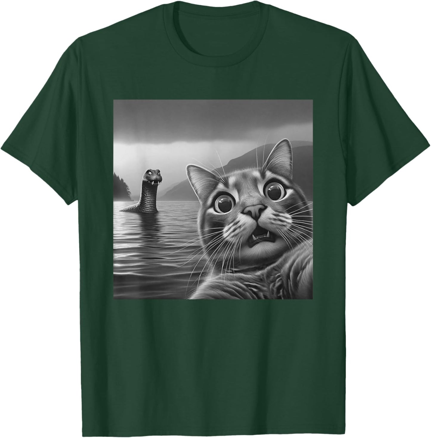 Funny Surprised Cat Selfie with Loch Ness Monster Nessie Women Girls Kids T-Shirt - T-Shirt | Forest