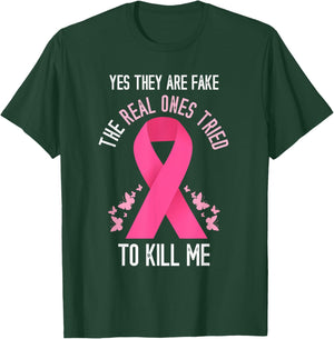 Breast Cancer Awareness Yes They Are Fake Pink Ribbon T-Shirt - T-Shirt | Forest