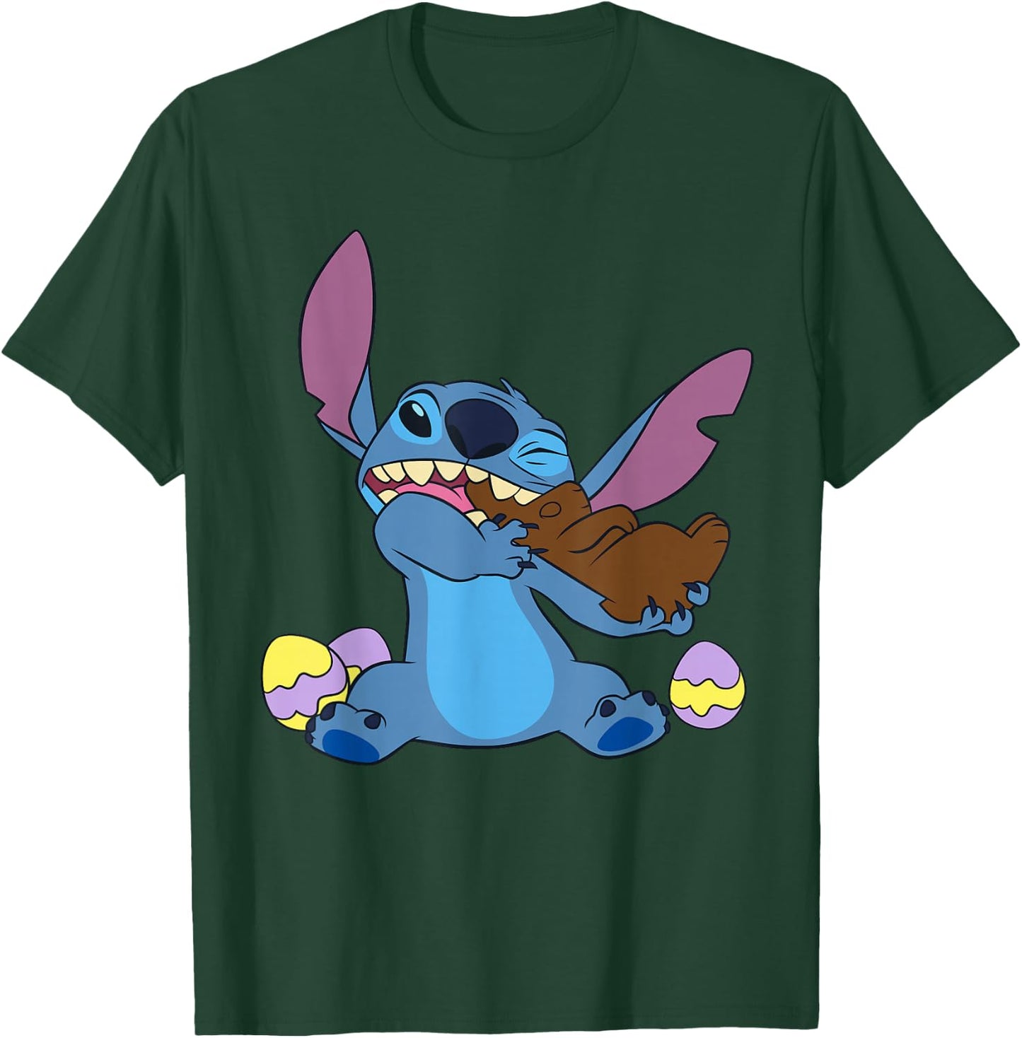 Disney Stitch Eats Chocolate Bunny with Easter Eggs Funny T-Shirt - T-Shirt | Forest