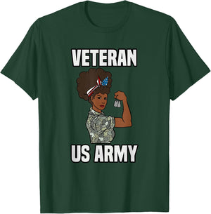 Female Melanin Veteran of the US Army Soldier Veterans Day T-Shirt - T-Shirt | Forest