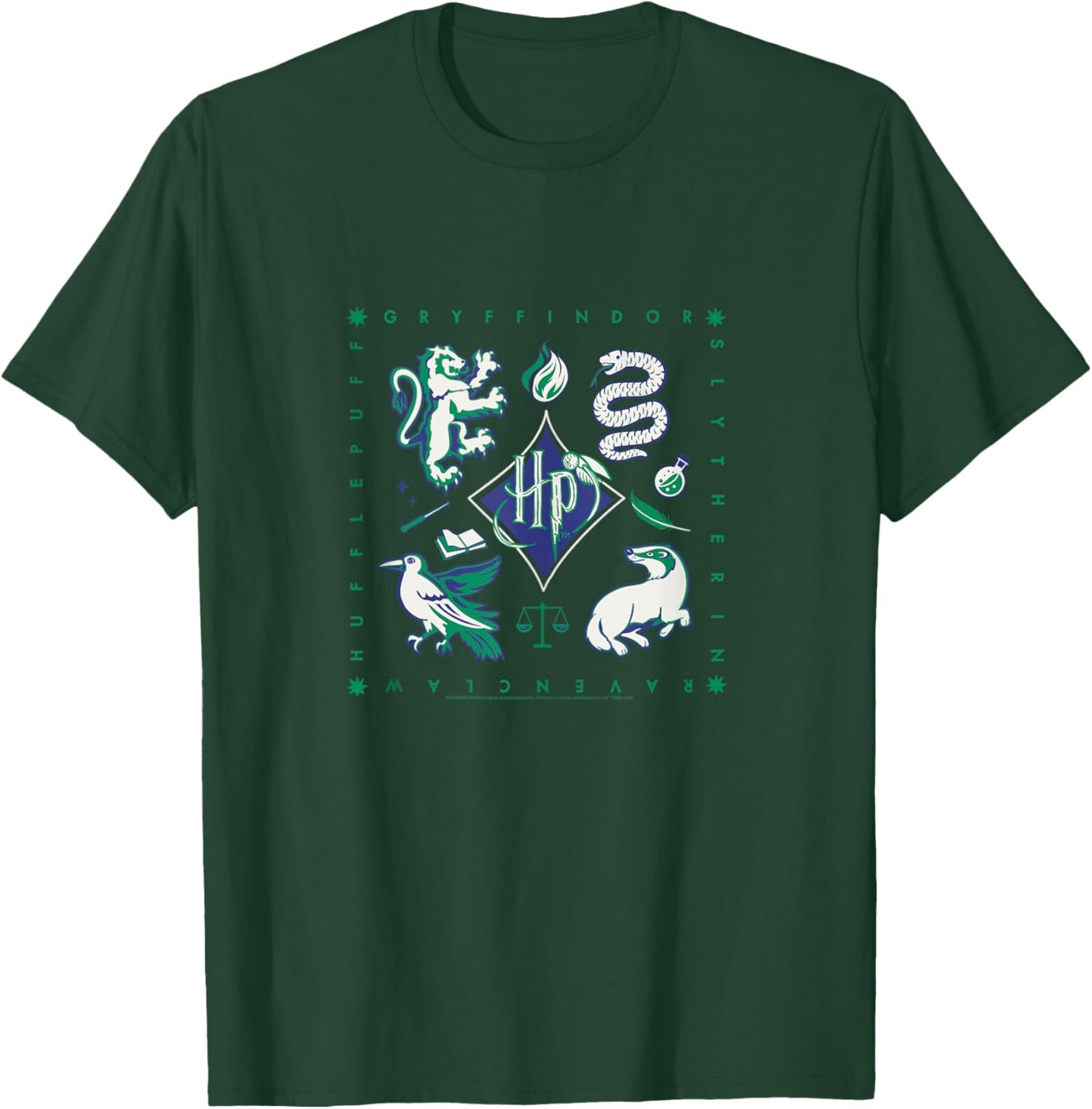 Amazon Essentials Harry Potter Hogwarts Houses Square T-Shirt - T-Shirt | Forest
