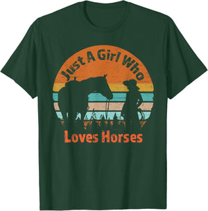 Just A Girl Who Loves Her Horse Retro Sunset Silhouette Gift T-Shirt - T-Shirt | Forest