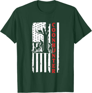 Raccoon Hunting Season USA Flag Coon Hunter T-Shirt - T-Shirt | Forest