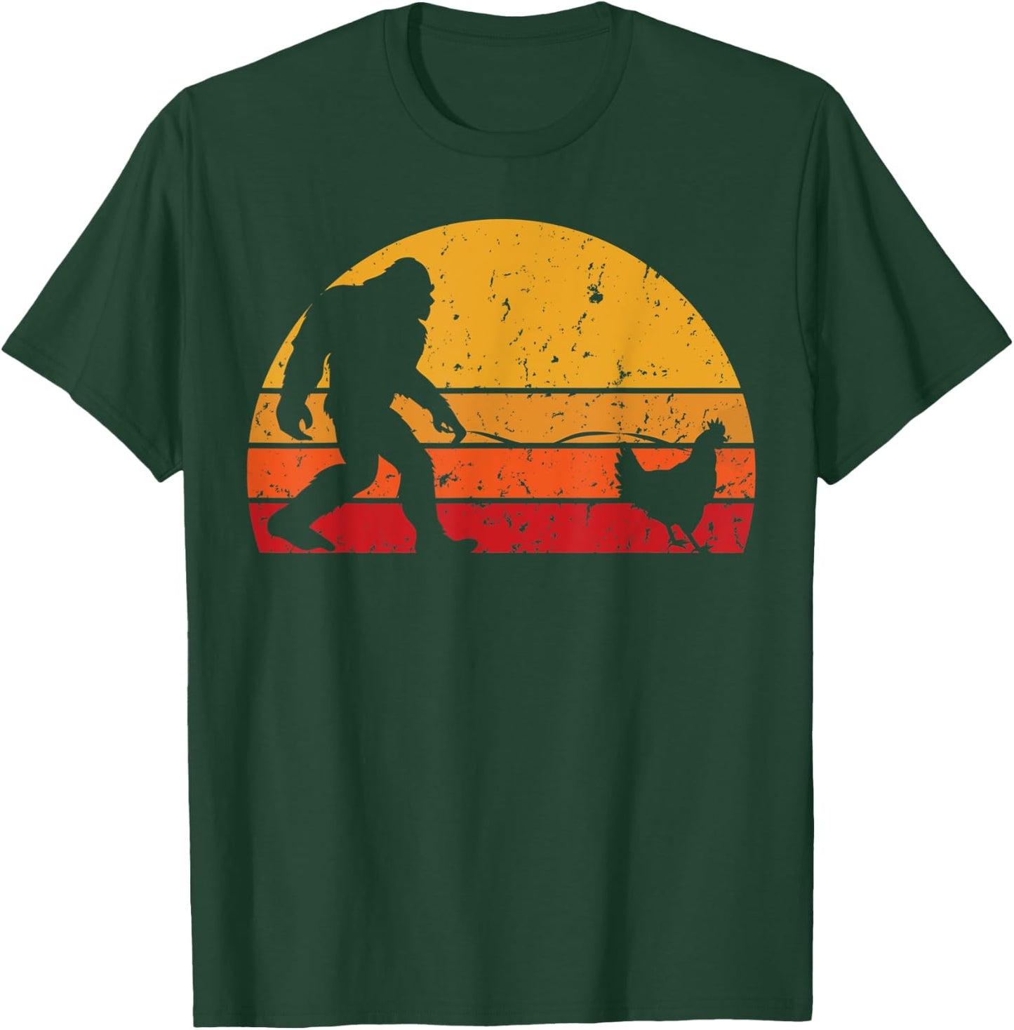 Vintage Sunset Bigfoot Walking Chicken Funny T-Shirt - T-Shirt | Forest