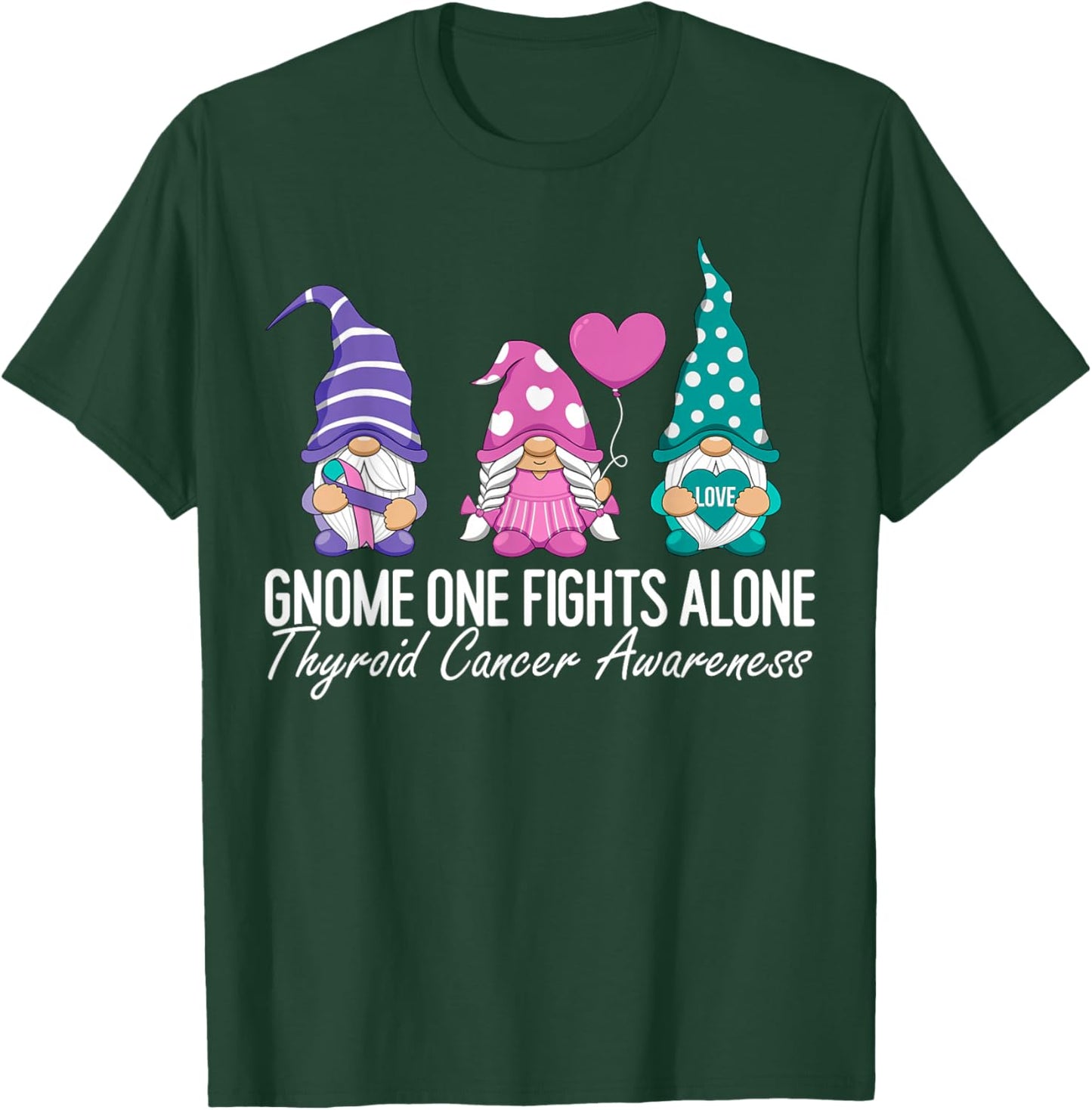 Thyroid Cancer Awareness Ribbon Gnomes Support Squad Family T-Shirt - T-Shirt | Forest