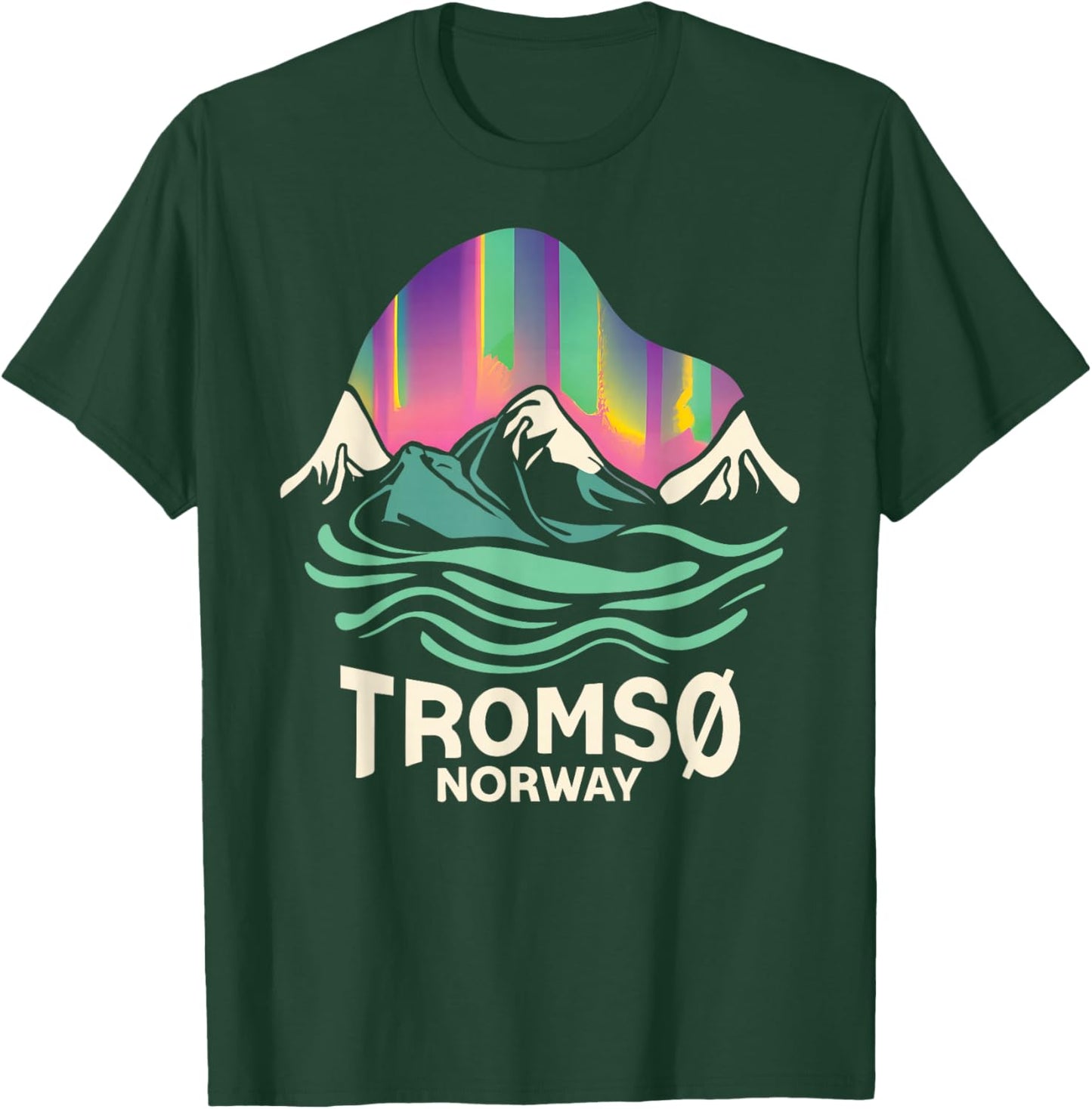 Tromso Norway Norwegian Northern Lights Snow Retro Oslo T-Shirt - T-Shirt | Forest