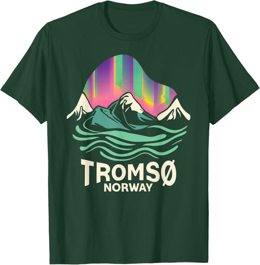 Tromso Norway Norwegian Northern Lights Snow Retro Oslo T-Shirt - T-Shirt | Forest