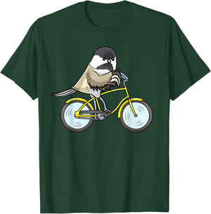 Black Capped Chickadee On Bike Birding Birder Bird Watching T-Shirt - T-Shirt | Forest