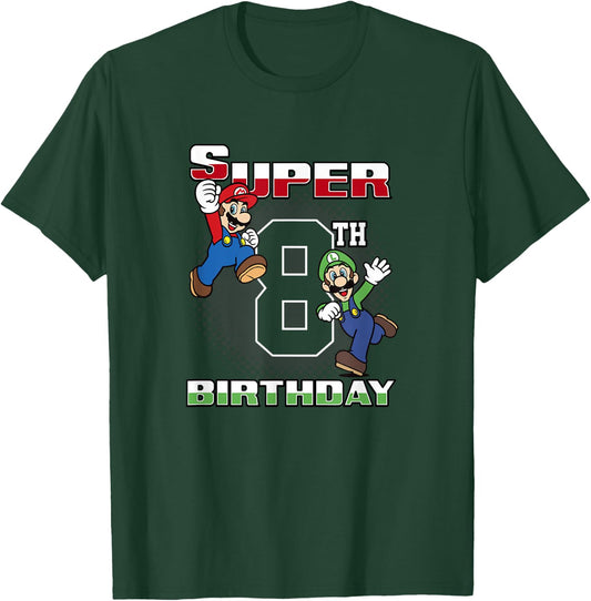 Super Mario Bros Mario & Luigi Super 8th Birthday T-Shirt - T-Shirt | Forest