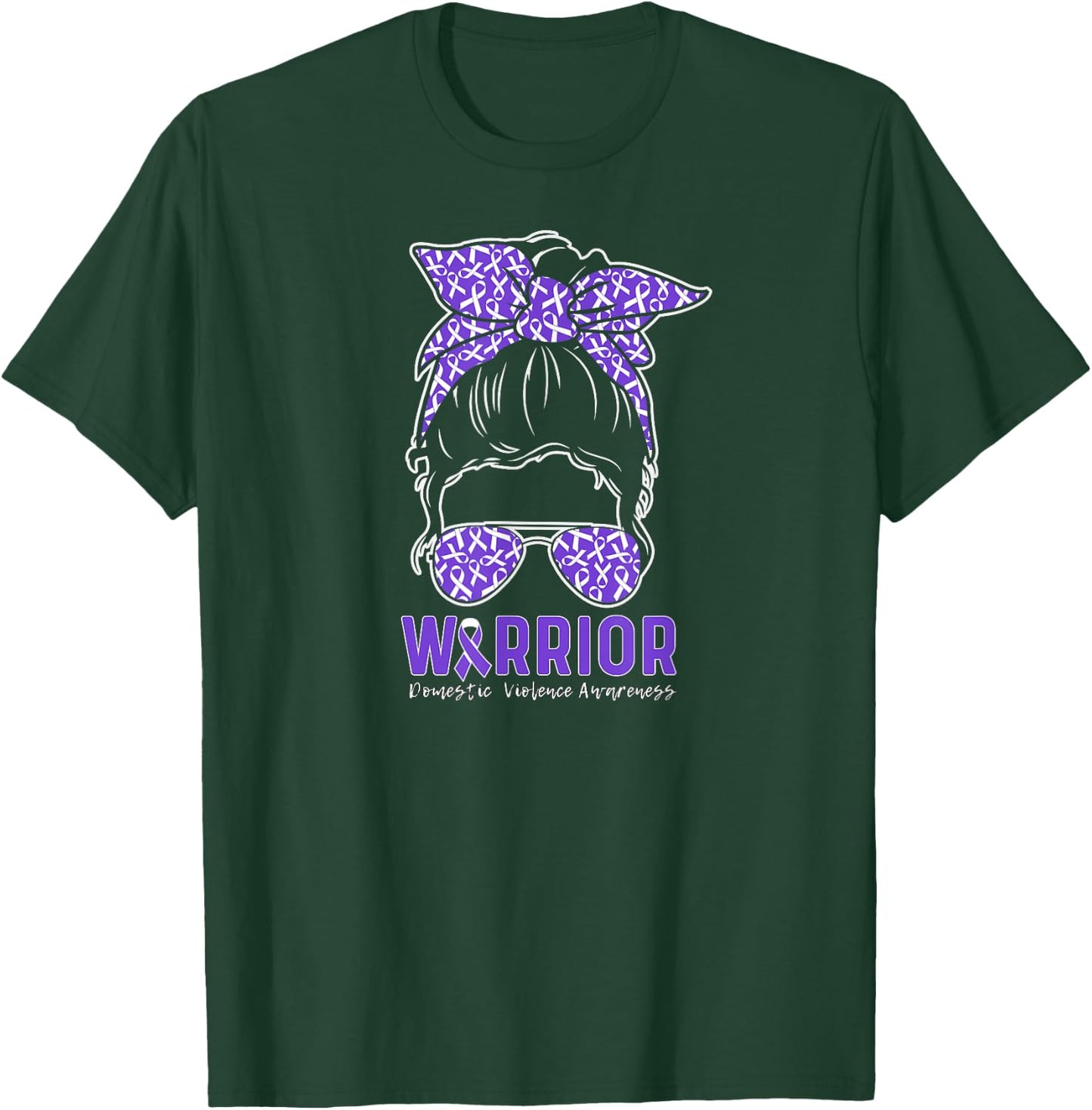 Warrior Messy Bun Women Girls Domestic Violence Awareness T-Shirt - T-Shirt | Forest