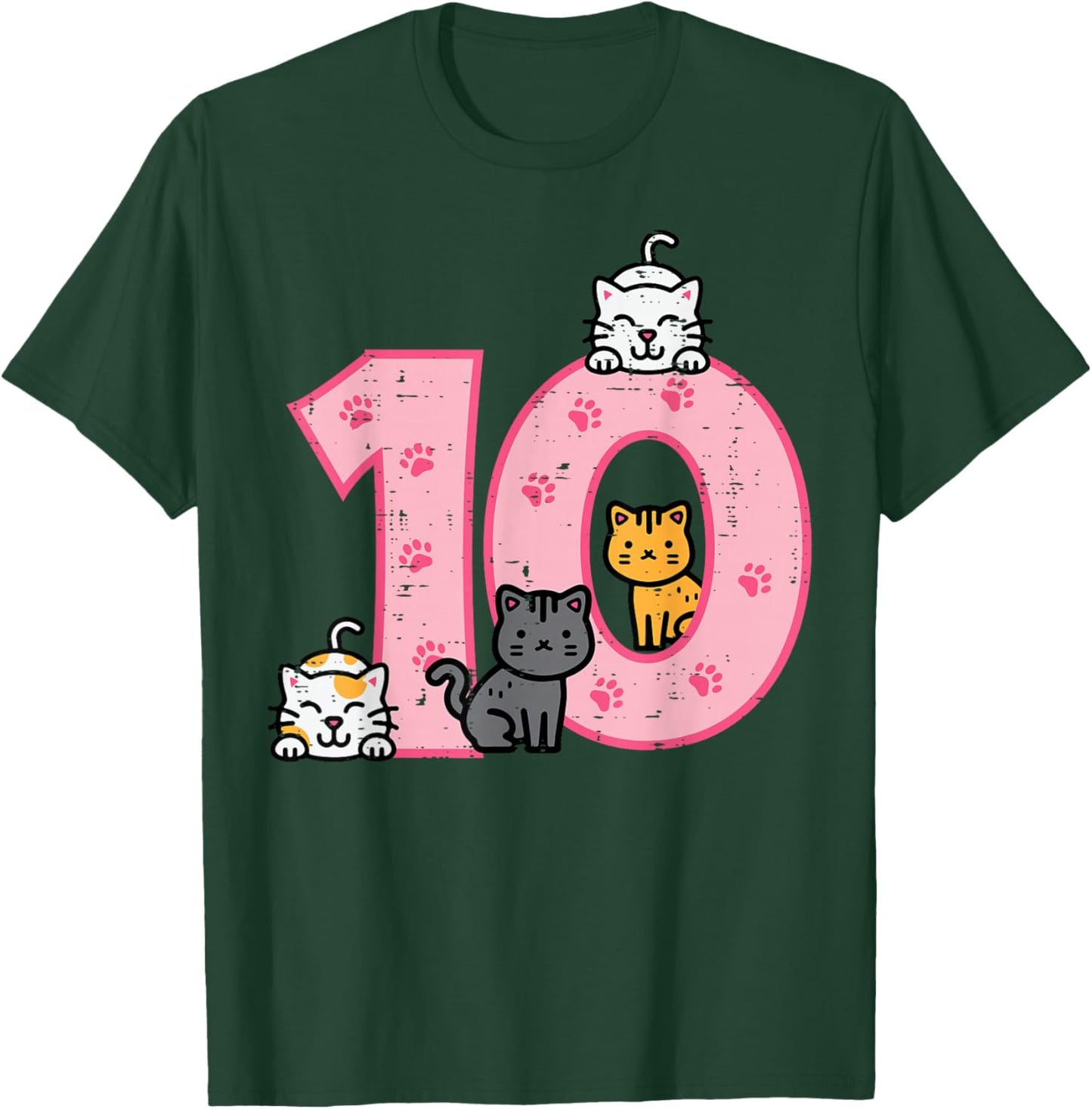 10th Birthday Cats On Number 10 Kawaii Bday Kitten Girls Kid T-Shirt - T-Shirt | Forest