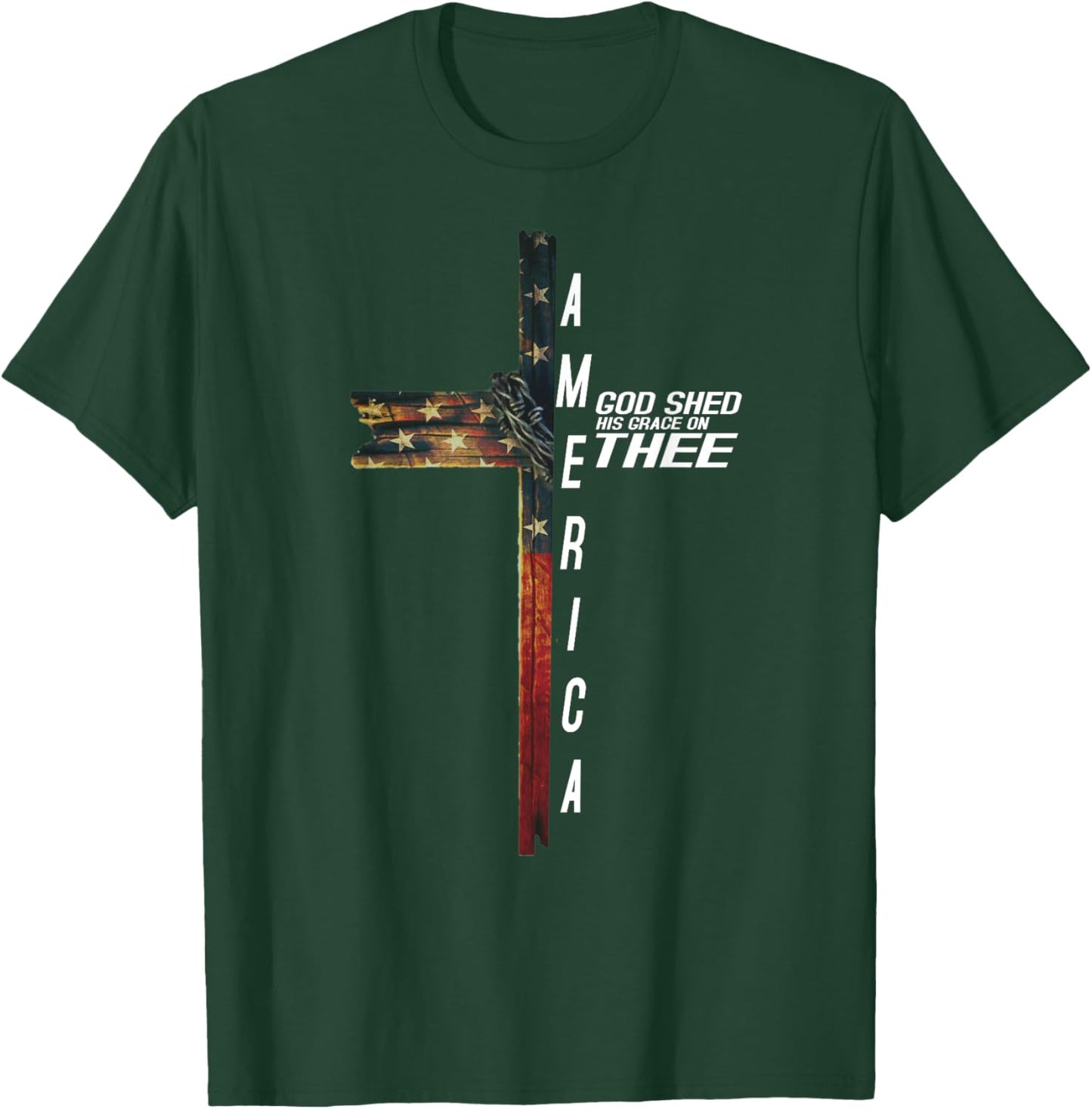 Cross With Flag USA America God Shed His Grace on Thee T-Shirt - T-Shirt | Forest