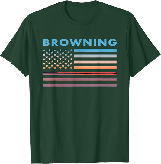 Vintage Sunset American Flag Browning, Montana T-Shirt - T-Shirt | Forest