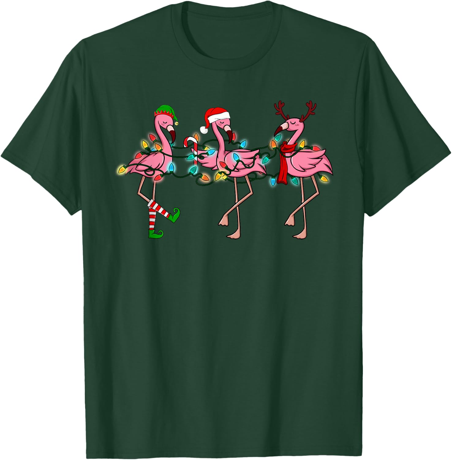 Christmas Lights Pink Flamingo Santa Hat Holiday Xmas T-Shirt - T-Shirt | Forest