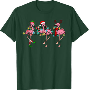 Christmas Lights Pink Flamingo Santa Hat Holiday Xmas T-Shirt - T-Shirt | Forest