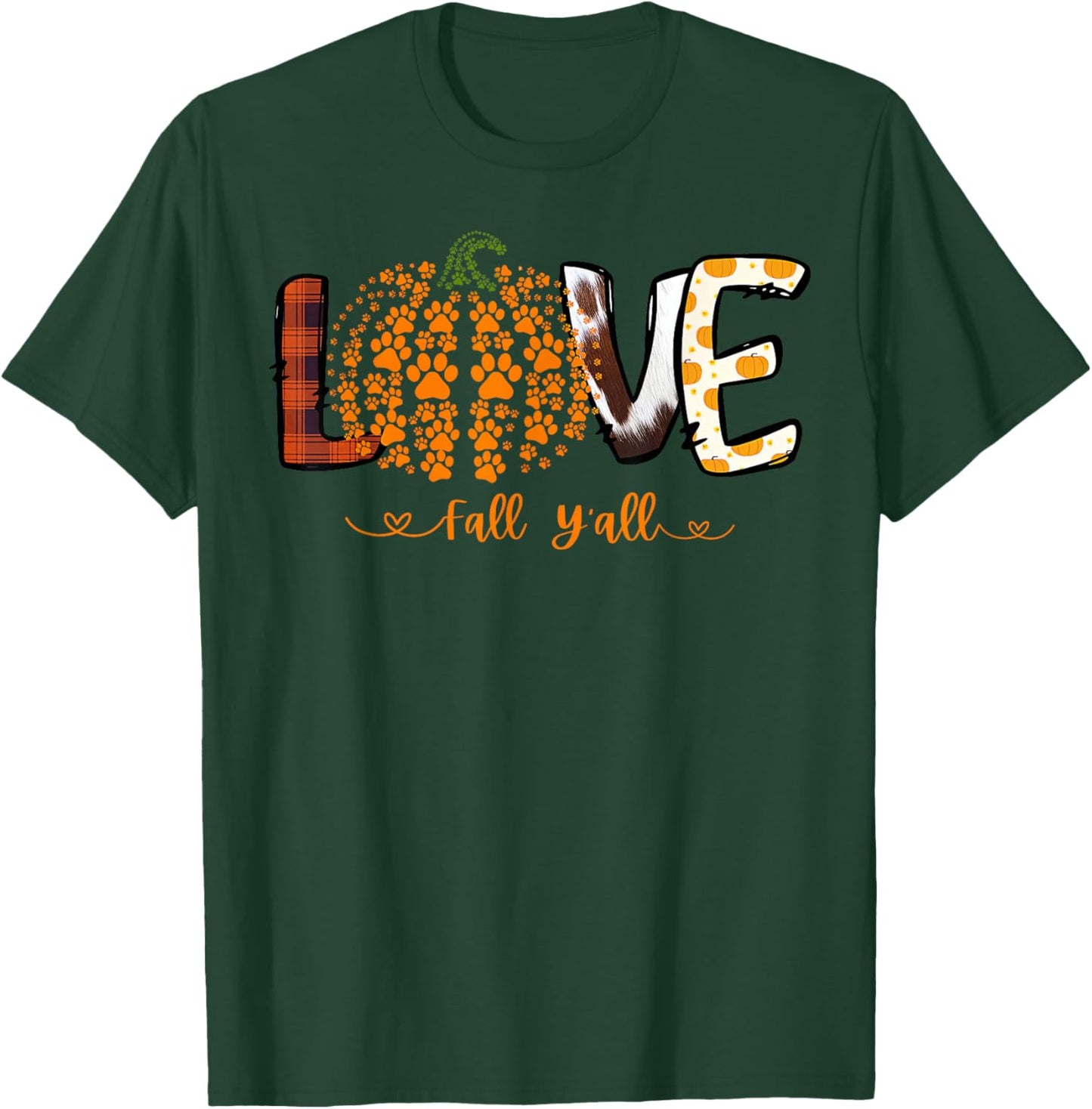Love Fall Y'all Pumpkin Dog Paw Print Autumn Falling Women Kids T-Shirt - T-Shirt | Forest