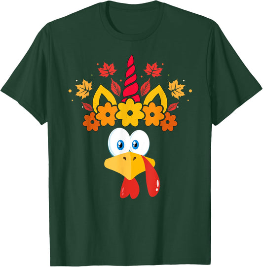 Funny Turkey Unicorn Face Girls Thanksgiving Kids T-Shirt - T-Shirt | Forest