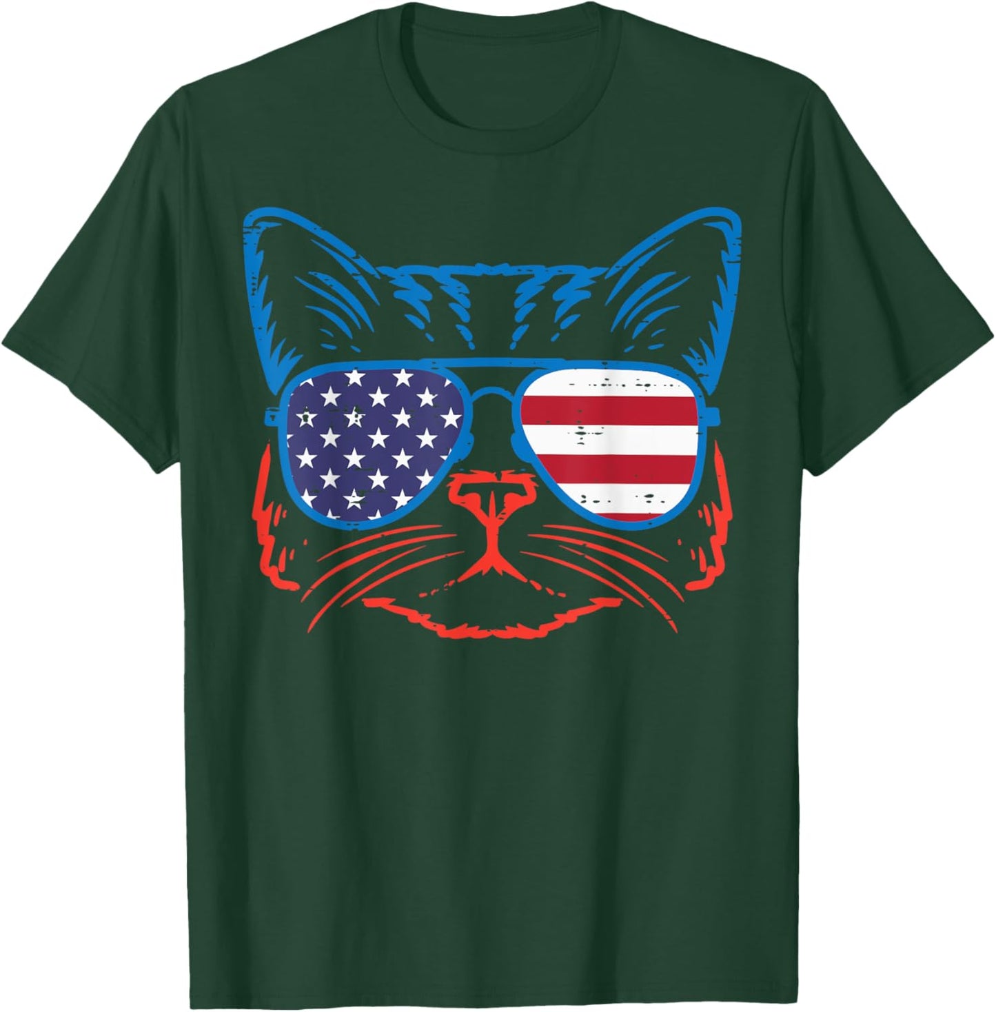4th July Cat US Flag Sunglasses Patriot Women Girls Kids Men T-Shirt - T-Shirt | Forest