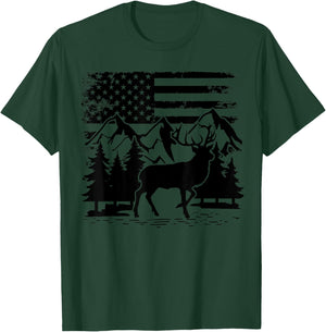 Camo US Flag Deer Elk Buck Camoflage Hunting Hunter Dad T-Shirt - T-Shirt | Forest