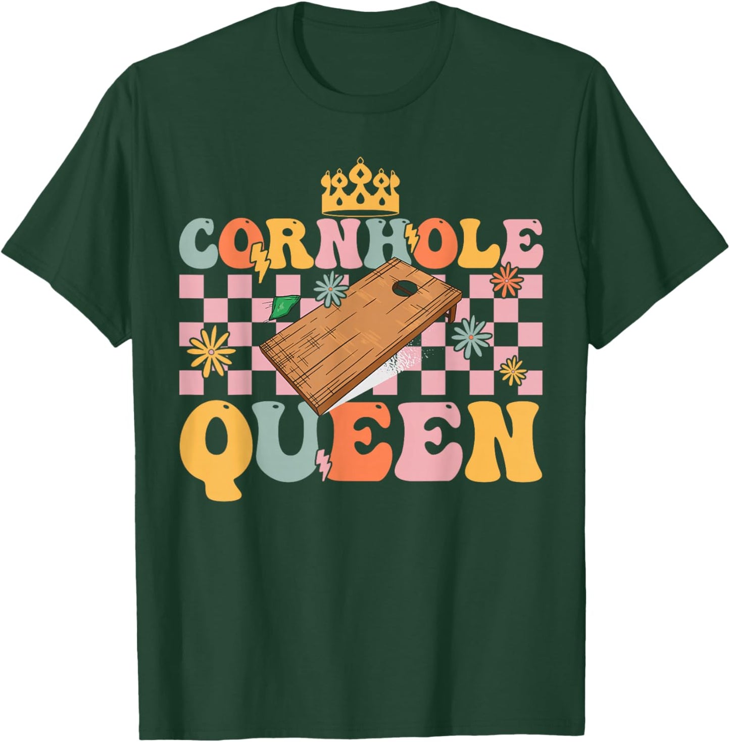 Cornhole Queen Groovy Cornhole Mom Corn Hole T-Shirt - T-Shirt | Forest