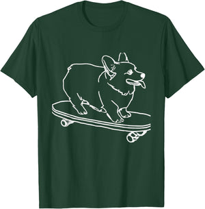 Corgi Skateboarding Outline Line Drawing Skater Corgi Dog T-Shirt - T-Shirt | Forest