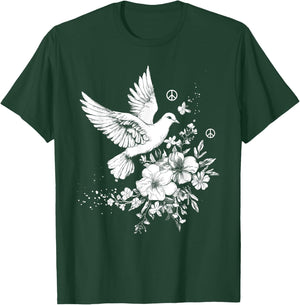 Dove White Pigeon Bird Vintage Peace Sign Flowers T-Shirt - T-Shirt | Forest