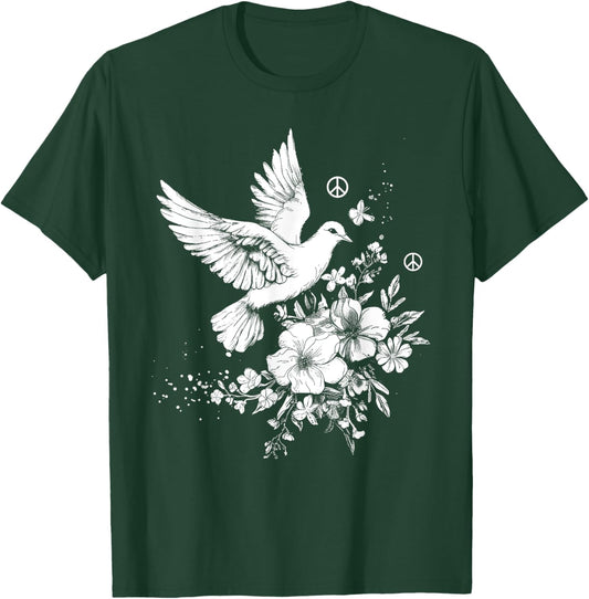 Dove White Pigeon Bird Vintage Peace Sign Flowers T-Shirt - T-Shirt | Forest