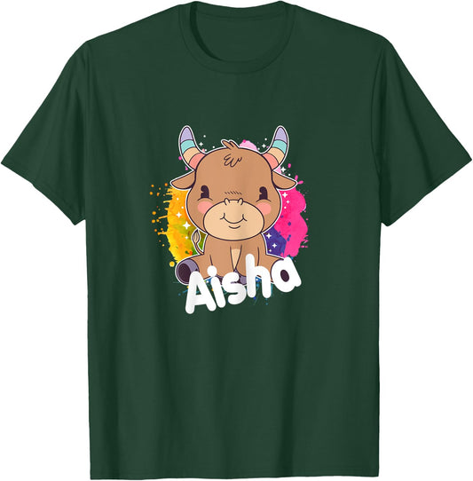 AISHA - Beautiful girl name with adorable little Cow T-Shirt - T-Shirt | Forest