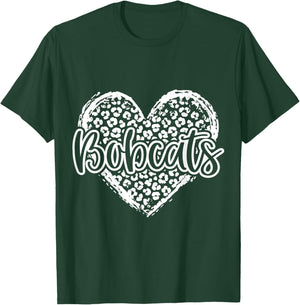 Leopard Cheetah Heart BOBCATS School Spirit Top Distressed T-Shirt - T-Shirt | Forest