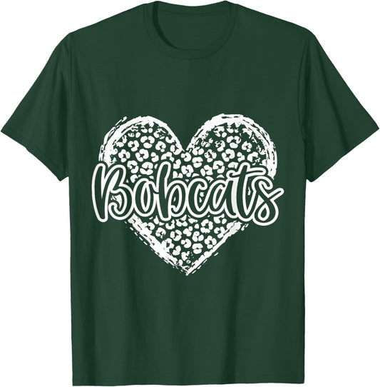 Leopard Cheetah Heart BOBCATS School Spirit Top Distressed T-Shirt - T-Shirt | Forest