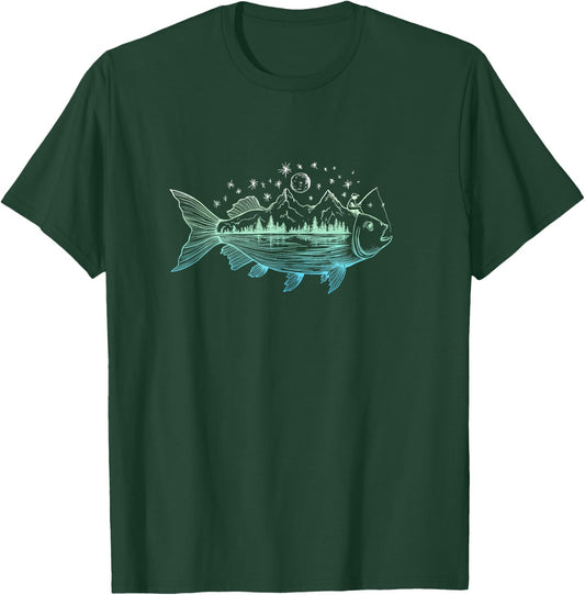Cool Fish Shaped from Mountains Nature Scene Fishing T-Shirt - T-Shirt | Forest