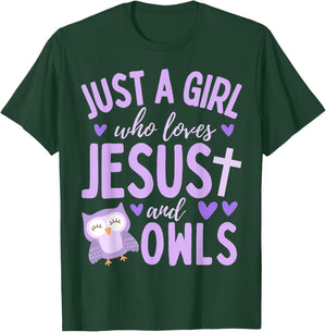 Just A Girl Who Loves Jesus and Owls Christian Funny Kawaii T-Shirt - T-Shirt | Forest