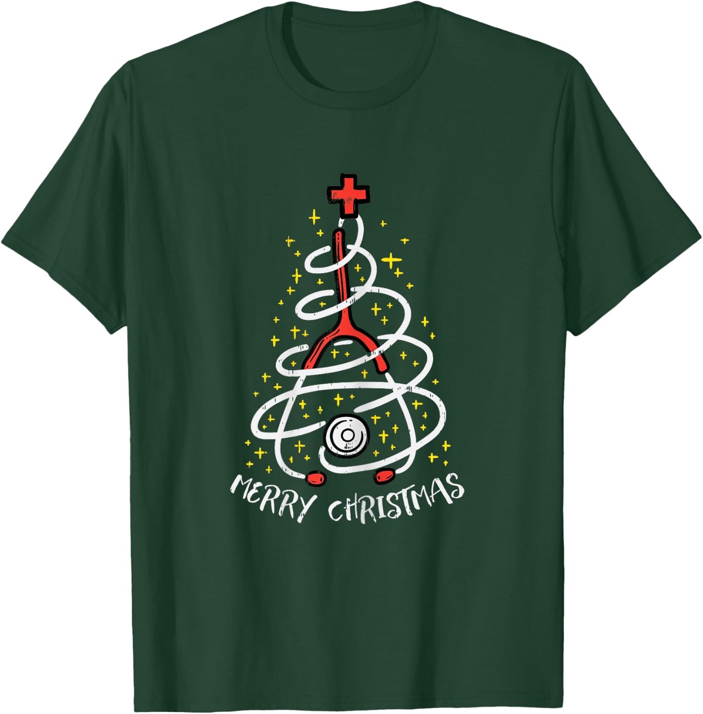 Merry Christmas Nurse Xmas Scrub Top Women Stethoscope T-Shirt - T-Shirt | Forest