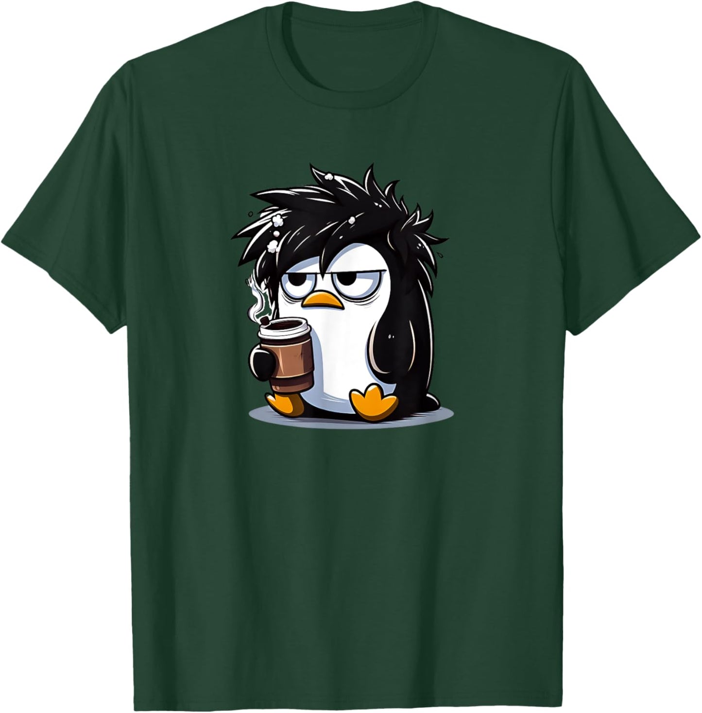 Funny Linux Tux Penguin Coffee Cartoon Grumpy Stressed T-Shirt - T-Shirt | Forest