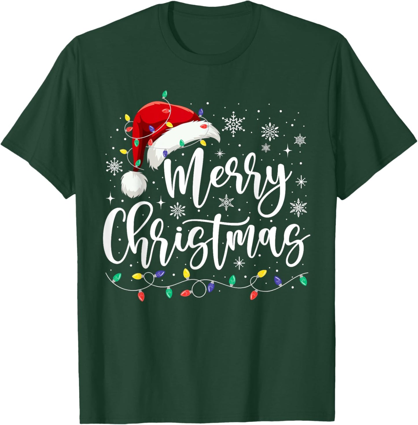 Merry Christmas Lights Red Santa Hat Xmas Family Men Women T-Shirt - T-Shirt | Forest