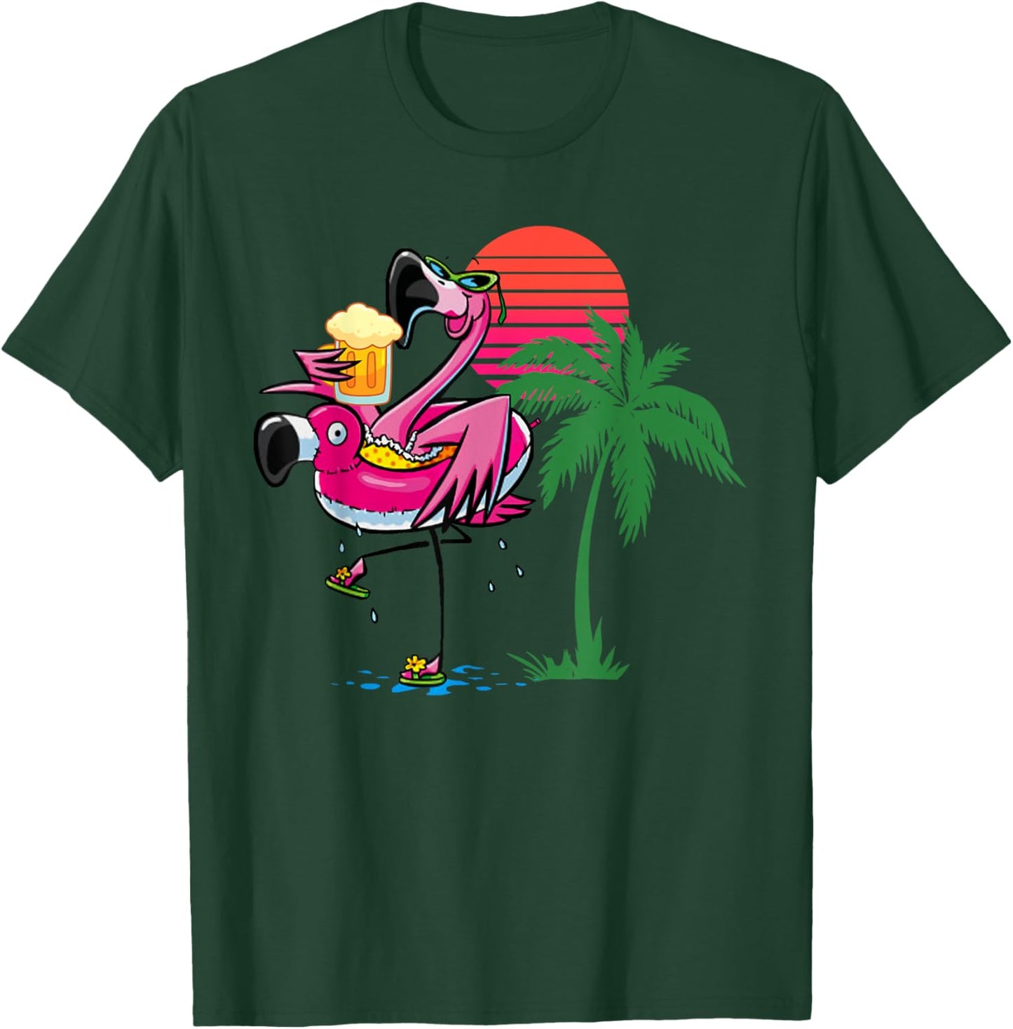 Flamingo Drinking Beer Summer Beach Party T-Shirt - T-Shirt | Forest