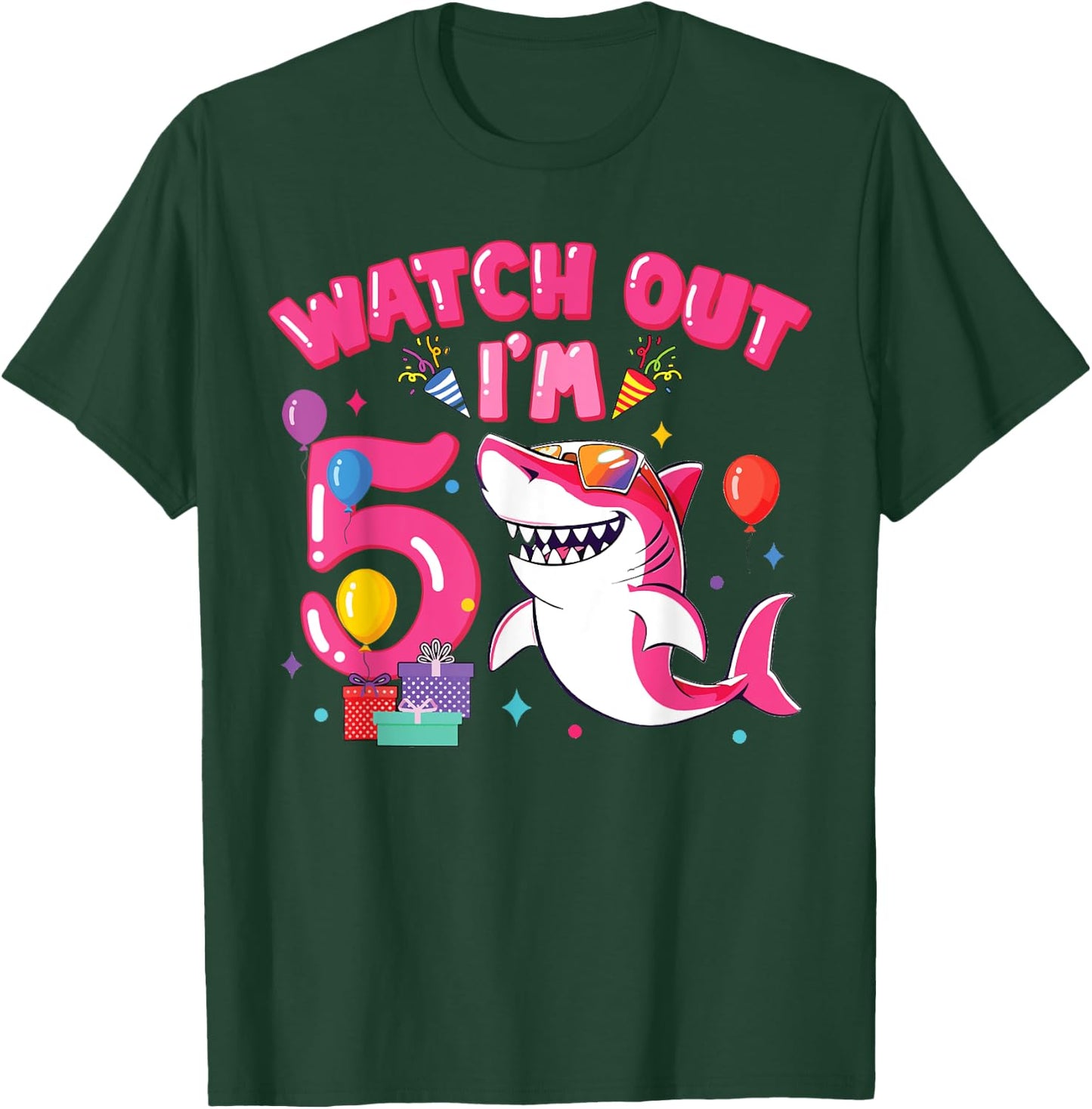 Watch Out I'm 5 Shark Sea Animal 5th Birthday Party Girls T-Shirt - T-Shirt | Forest